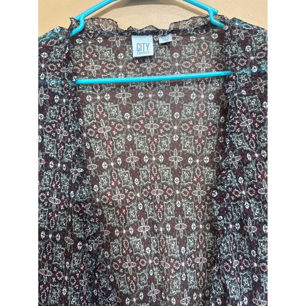 City DKNY Womens Sheer Ruffle Tie Front Cardigan Vest Geometric Print Large - Picture 2 of 4
